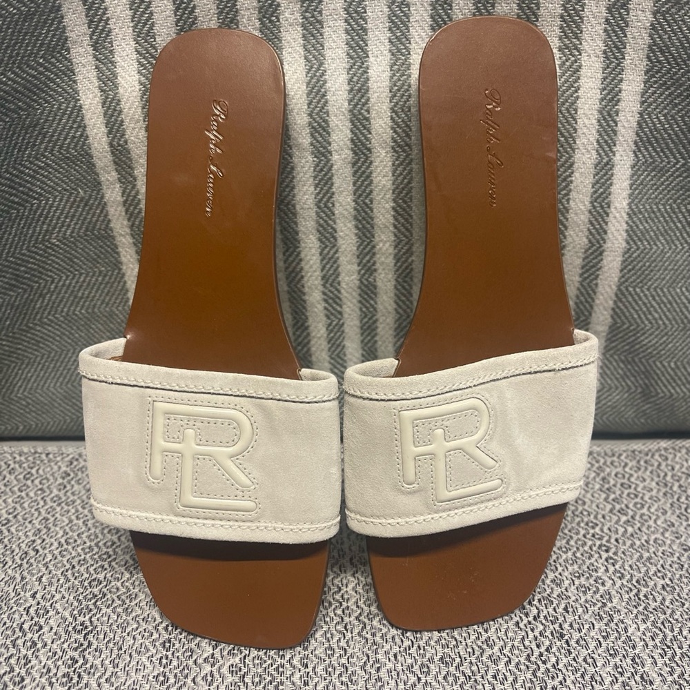 Ralph Lauren Andela Calf-Suede Light Gray and White Slide Sandals